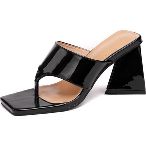 Flip Flops Women Luxury Brand 2021 Summer Sexy 8 CM High Heels Square Head Sandals Plus Size 35-42 Black Slippers Women Shoes