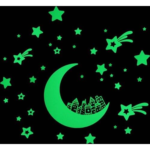 Glow in the Dark Moon Stars City Wall Sticker Kids Room Ceiling Decoration Luminous Sticker Children Bedroom Home Decor Decals