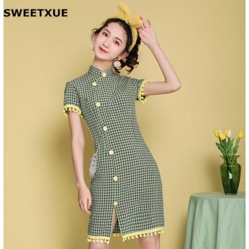 SWEETXUE Summer New Retro Lattice Improved Cheongsam Chinese Style Elegant Single Breasted Casual Modern Girl Mini Dresses