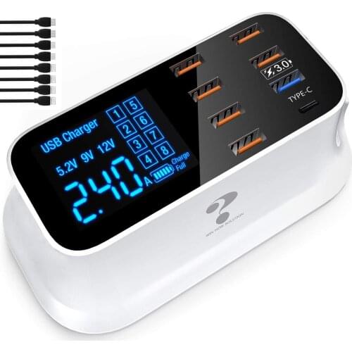 Multiple USB Charger LCD Display For iPhone 8 plus 11 12 pro max Type C 8 Port QC 3.0 Fast Charging Station For Samsung Xiaomi