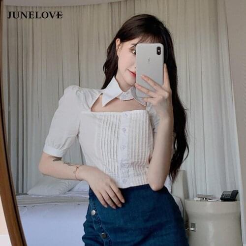 JuneLove Summer New Korean Style All Over Solid Color Women Blouse Top Square Collar Short Sleeve Puff Sleeve Popular Blouse