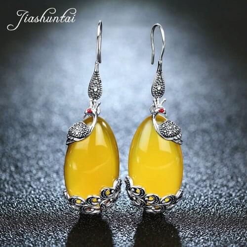 JIASHUNTAI Retro 100% 925 Sterling Silver Earrings For Women Vintage Natural Yellow Chalcedony Gemstone Earrings Jewelry Female