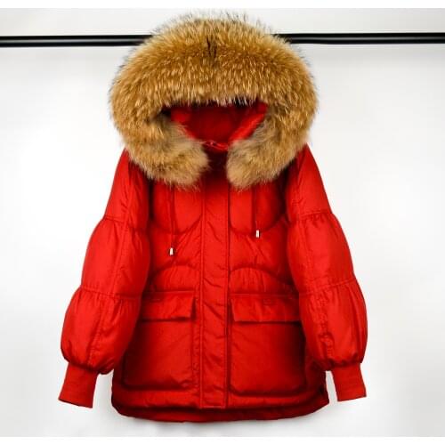 2021 New Winter Women White Duck Down Coat Real Raccoon Fur Collar Hooded Short Puffer Jackets Female Warm Shiny Thicken Outwear