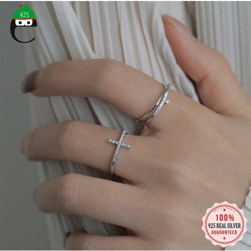ElfoPlataSi Real 925 Sterling Silver Fashion Cross Dazzling CZ Opening Ring For Women Wedding Valentines Day Fine Jewelry DD416