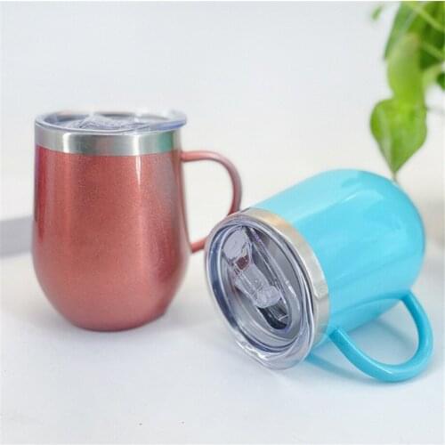 25pcs/lot 12oz Egg shaped tumbler tea glass with handle wine cup water mug coffee thermos 18/8 stainless steel vacuum 2-wall