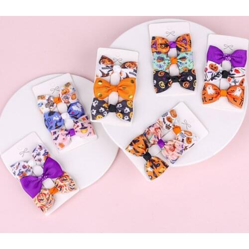 12Sets/lot 3pcs/set Hallowmas hair bowknot clip grosgrain ribbon side clips Halloween design wholesale