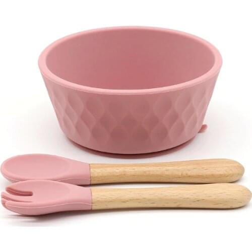 3 Pcs Baby Food Grade BPA-Free Silicone Suction Feeding Bowl Spoon Fork Set Non-slip Dishes Utensil Tableware H055