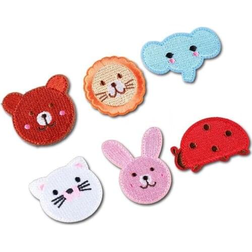 A set of 6 cartoon animals cat rabbit elephant lion head embroidery patch cloth stickers DIY childrens T-shirt gloves socks