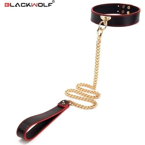 BLACKWOLF Sexy Genuine Leather Chain Collar with Leash BDSM Bondage Collar Adult Lingerie Sex Accessories for Woman Jeux Sexuel