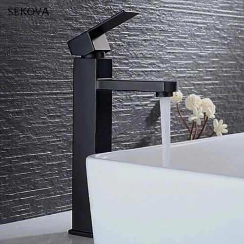 Black Bathroom Washbasin Mixer Faucet Deck Mounted Water Mixer Tapware Squared Style 2 Height For Under & Top Counter
