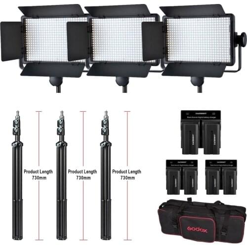 Godox 3pcs LED500C Kit LED Video Continuous Light Lamp Panel + batteries + battery charger + stand tripod with carry Bag