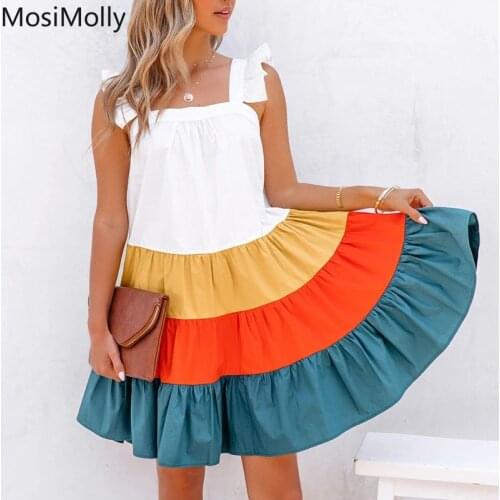 MosiMolly Summer Dress Women Color Block Mini Dress Ruffle Dress Day Dress 2021 Female Vestidos