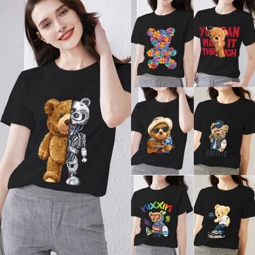 Summer Womens Fashion T-shirt Cartoon Teddy Bear 3D Printing Series Personality Trend All-match O-neck Top One Drop Delivery