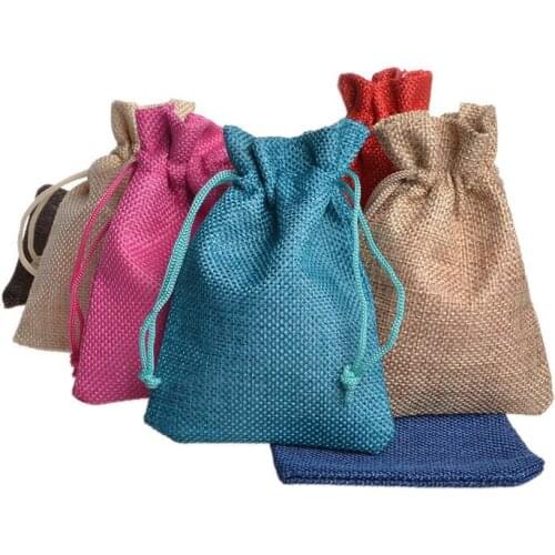 10x14cm Multi Colors Mini Pouch Jute Bag Linen Hemp Small Drawstring Bags Ring Necklace Jewelry Pouches Wedding Gift Packaging