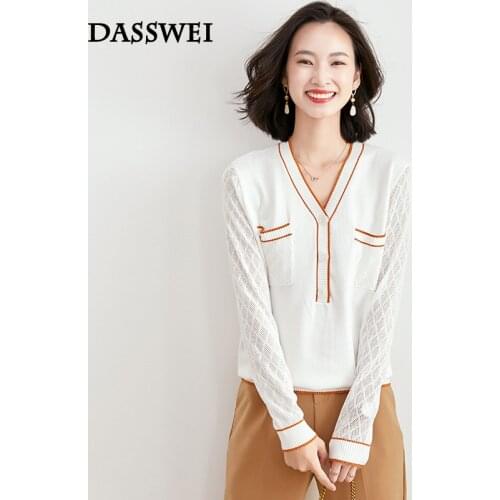 DASSWEI Fashion Knitted Pullovers V-Neck Long Sleeve Sweater For Women Tops Casual Hollow Out 2021 Spring Summer Loose Sweaters