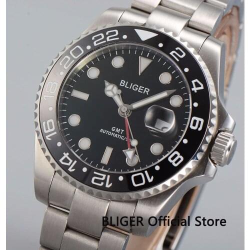 43mm BLIGER GMT Mens Watch Black Dial Luminous Sapphire Glass Automatic Movement Wristwatch