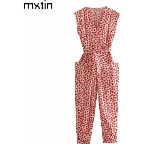 MXTIN 2021 Women Summer Vintage Print Bow Tie Sashes Playsuits Fashion V-Neck Sleeveless Single Breasted Female Casual Jumpsuits