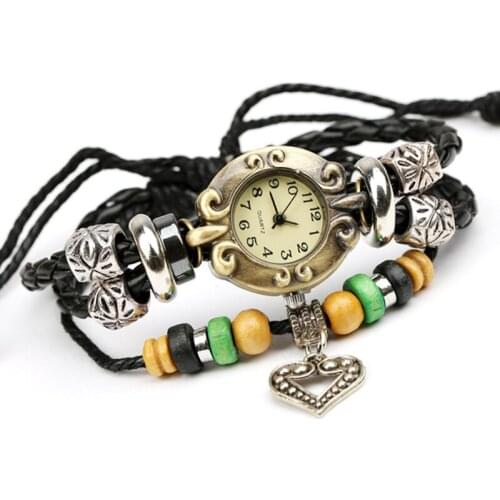 TOP NEW Hot Sale High Quality Women Genuine Leather Vintage Bracelet Wristwatches Heart Pendant Watch Man Student School