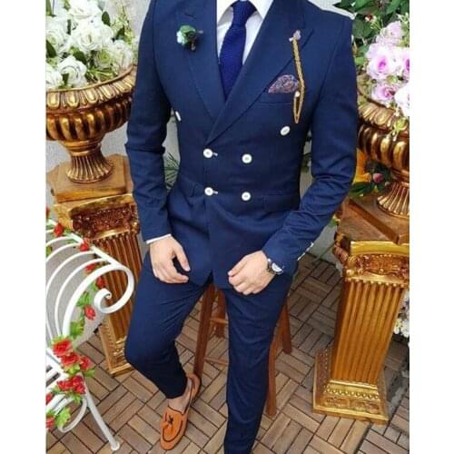 Navy Casual Men Suit Double Breasted (Jacket+Pants) Peak Lapel Slim Fit Wedding Guest Wear Prom Party Formal Suit Custom Made