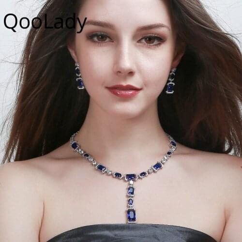 QooLady Fashion Square Cut Royal Blue Cubic Zirconia Crystal Bridal Wedding Evening Earring Necklace Jewelry Set for Women S062