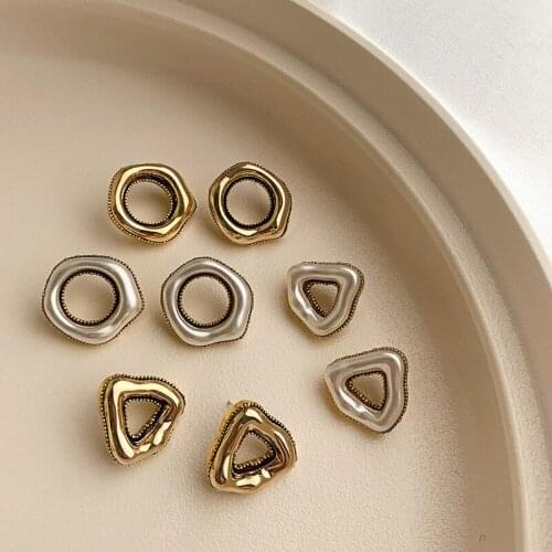 SRCOI Vintage Geometric Irregular Triangle Bump Metal Texture Earring Round Imitation Pearl Stud Earring Women Fashion Jewelry