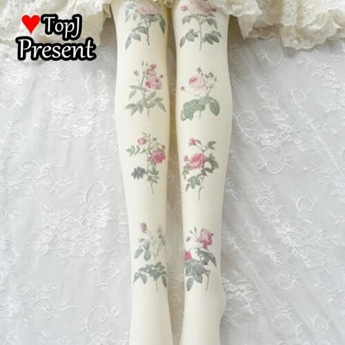Fresh, sweet, lolita-print stockings Vintage rose pantyhose, schoolgirl bottom socks