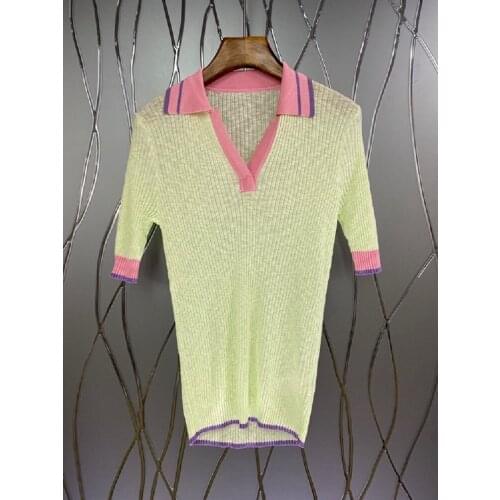 2021 Early Autumn Fashion Sweaters High Quality Women Turn-down Collar Striped Color Block Knitting Short Sleeve Casual Jumpers