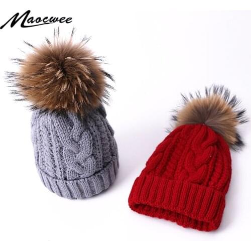 Girls Women Hat PomPon Knitted Skullies Beanies Cap Autumn And Winter Warm Solid Color Natural Striped hats Raccoon Nature Fur