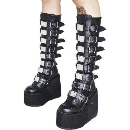 Brand Design Big Size 43 Black Gothic Style Cool Punk Motorcycles Boots Female Platform Wedges High Heels Calf Boots Women Shoes