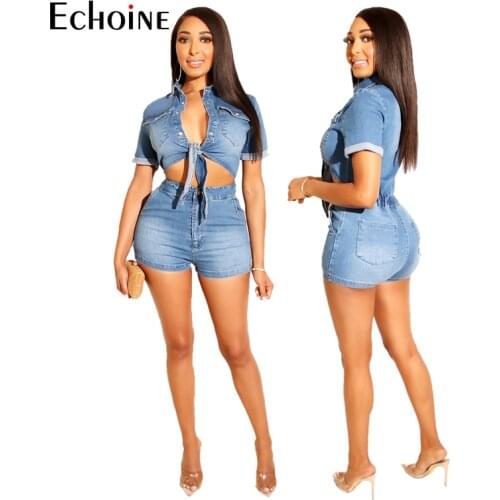 Echoine Women High elasticity Denim Set Fashion Corset Tops Short Two Piece Matching Suits 2021 Female Party Streetwear Clothing