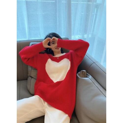 Women 2021 Spring O-Neck Long Sleeve Cashmere Simple Love Pattern Pullover Red / Gray Hot Sale Sweater