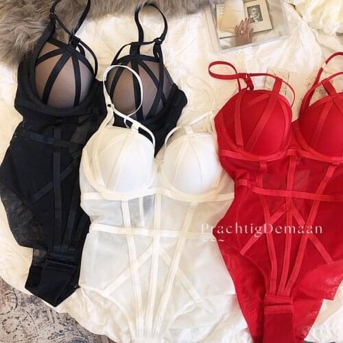 2021 New Hollow Out Sexy Bodysuit Jumpsuit Thicken Push Up Women Sexy Cross Underwear Deep-V Neck Ladies Fashion Sleepwear