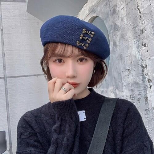 Female New Autumn Berets Cotton Blend Copper Buckle Beret Caps Spring Artist Beanie Ski Sweet Girl Hats boinas mujer Painter Cap