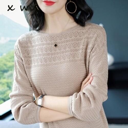 Chic casual Autumn Winter Basic O-neck Sweater pullovers Women 2020 loose Knit Pullover female hollow out Khaki Sweater