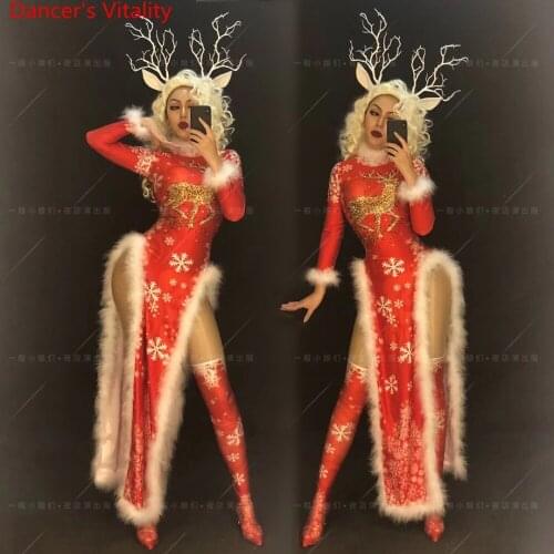 New Year Christmas Red Fawn Long Sleeves Split Long Hairy Dress Bar DJ Women Singer Pole Jazz Dance Performance Costume Garments