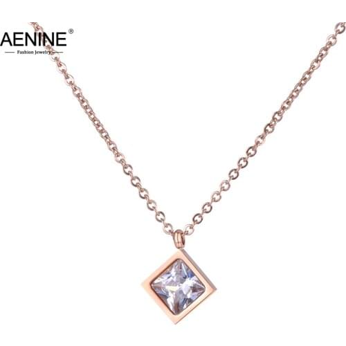 AENINE Rose Gold Stainless Steel Pendant Necklace AAA Square Zircon Choker Necklace Jewelry Gift For Women New Year Gift AN18268