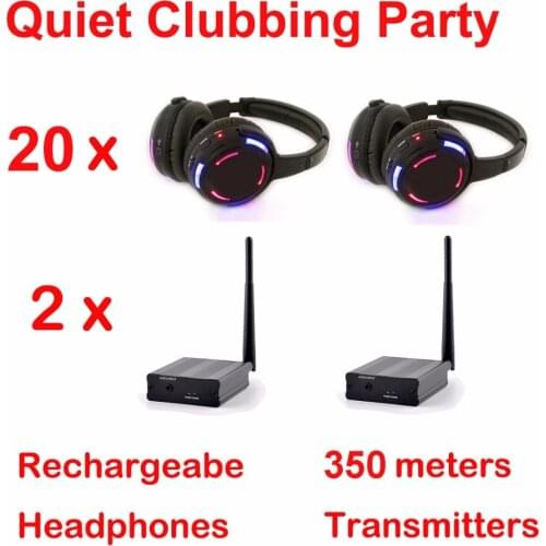 Silent Disco complete system black led wireless headphones - Quiet Clubbing Party Bundle (20 Headphones + 2 Transmitters)