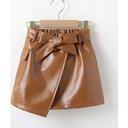 Kids Girls Brown Leather Skirts 2021 New Korean Style Princess Casual Pleated PU Leather Skirts Spring Autumn Clothes For 2-7Y