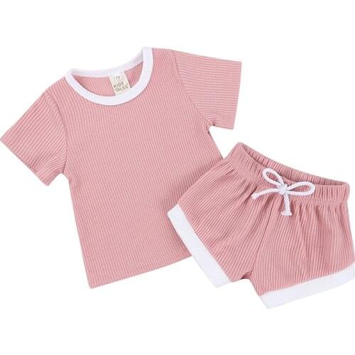 Wholesale 2021 Summer Kids Tales Newborn Baby Boys Girls Tshirt Short Set 2pcs Children Clothes Ribbed Cotton Tops+Bloomer