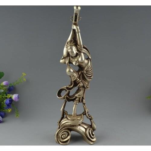 Exquisite Old Tibet Buddhism Fane Silver Pipa Kwan-Yin Buddha Statue Archaize