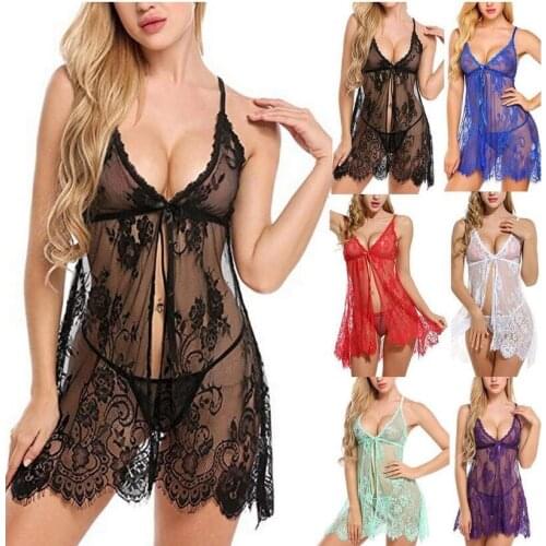 Women Lingerie Set 2 Piece Perspective Sling Lace Mesh Lace-up Dress Sexy Thong Underwear Lingerie Set Exotic Babydoll Sleepwear