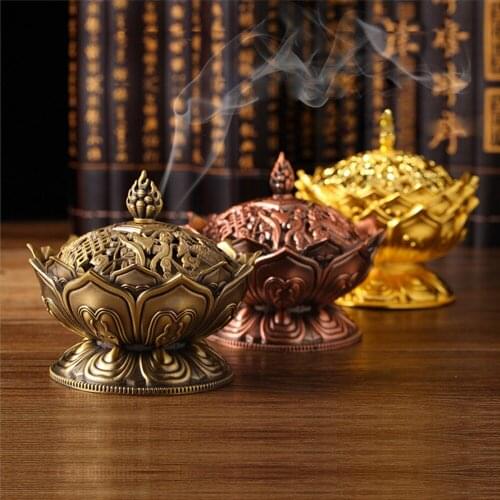Lotus Flower Sandalwood Censer Zinc Alloy Chinese Buddha Incense Holder Home Decor Incense Burner for Home Office Teahouse Use