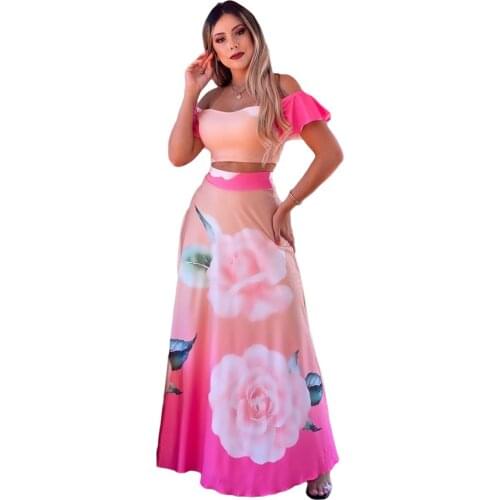 Summer Suit 2 Piece Set Women Crop Top + High Waist Long Skirt Set Maxi Matching Suit Printed Boho Sexy Beach Dresses Set