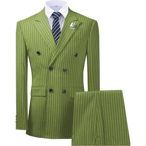 Olive Green Mens Suit 2 Pieces Pinstripe Notched Lapel Tuxedos Groomman For Wedding New Burgundy,BLACK（blazer+pants