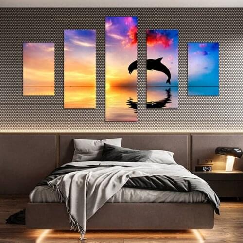 Modern Style Murals Canvas Painting Bed Home Decoration Prints 5 Pieces Colorful Clouds Leaping Dolphin Living Room Wall Mural