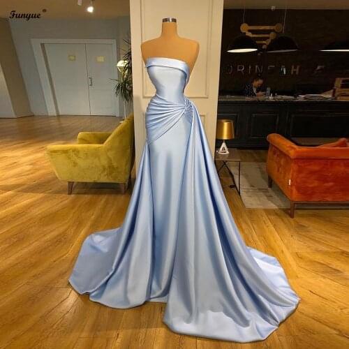 Real Photo Strapless Mermaid Prom Dresses Long Abendkleider Dubai Formal Party Dress Pleat Satin Women Evening Gown 2021