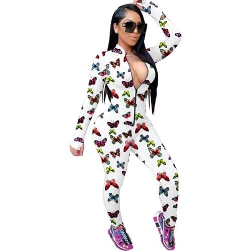 2021 NEW Women Jumpsuits Women Butterfly Print Tight Zipper One Piece Leggings Pants Jumpsuit Athletic