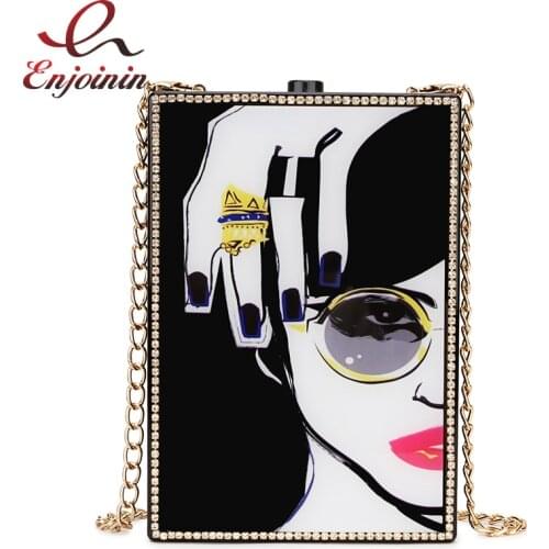 New Arrival Black Acrylic Sexy Woman Pattern Diamond Women Handbag Party Clutch Evening Bag Chain Purse Crossbody Bag Tote Bag