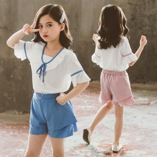 Teen Girls Clothing Sets Pink Blue Summer School Girl Set Cotton 2pcs Kids Outfit Korean Teen Girl Clothes for 8 9 11 12 13Year