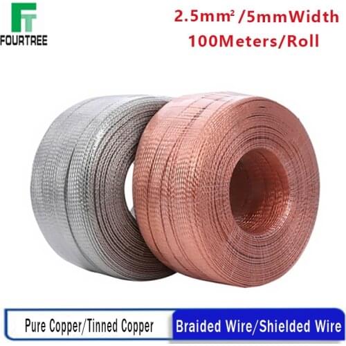 100Meters Copper Tinned Bare Ground Braid Lead WIre Signal Shielded Cable Conductive Tape High Flexibility 5mmWidth 2.5mm2